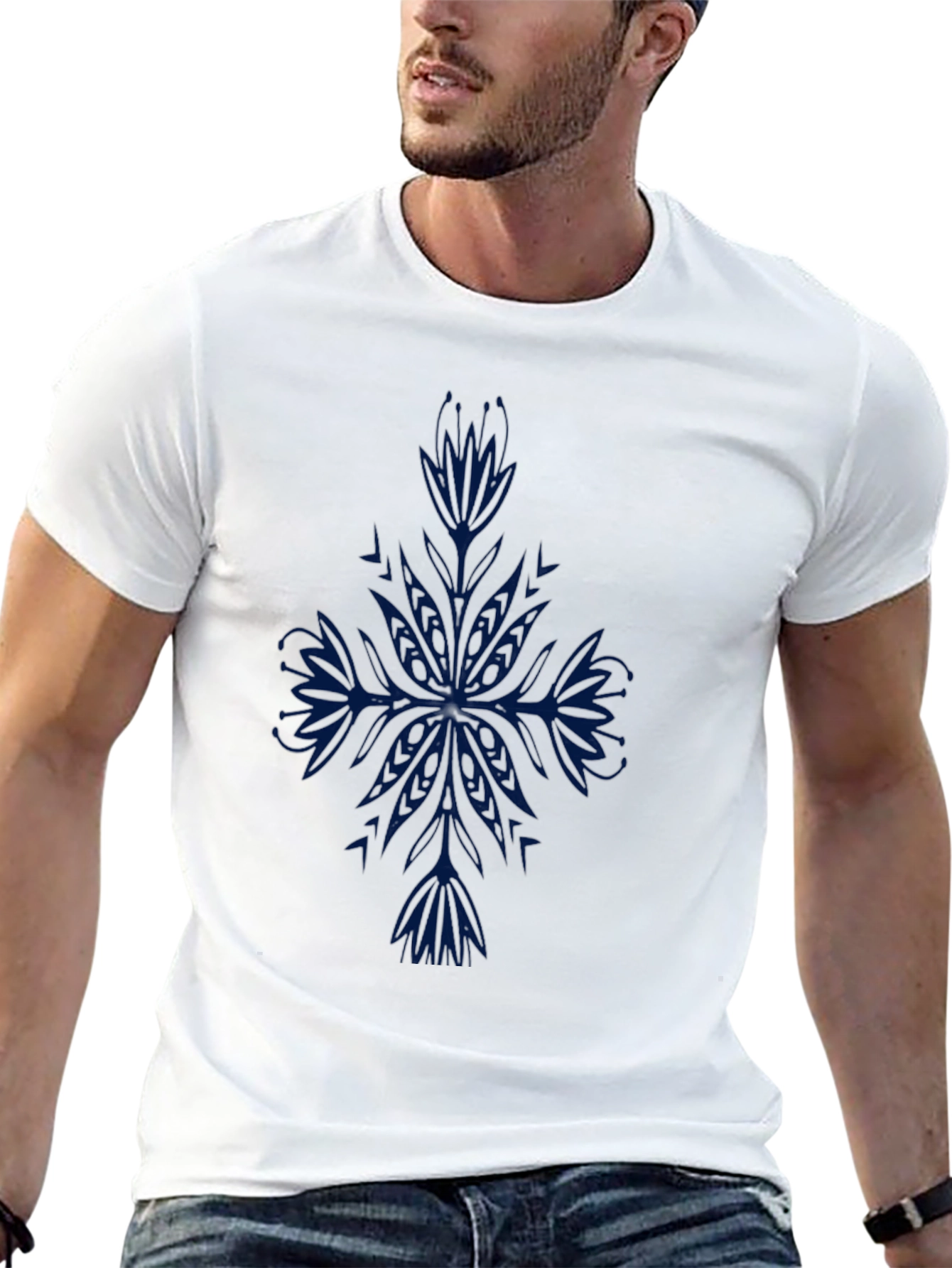 Mens Black T-Shirt with Blue Floral Design