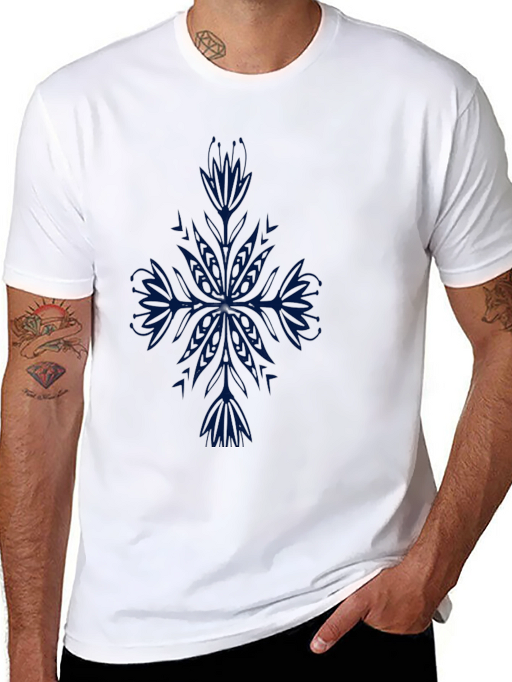 Mens Black T-Shirt with Blue Floral Design