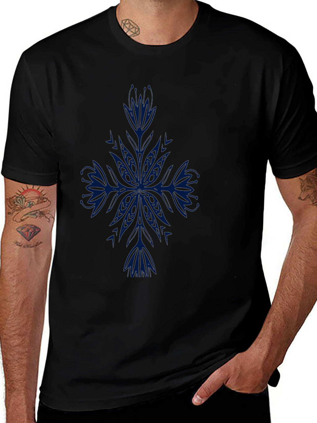 Mens Black T-Shirt with Blue Floral Design