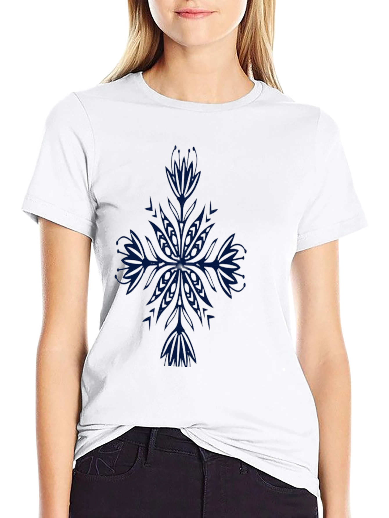 Mens Black T-Shirt with Blue Floral Design