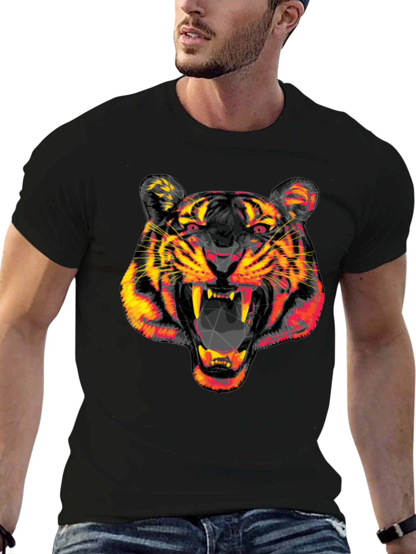 Geometric Tiger Head Black Graphic Tee