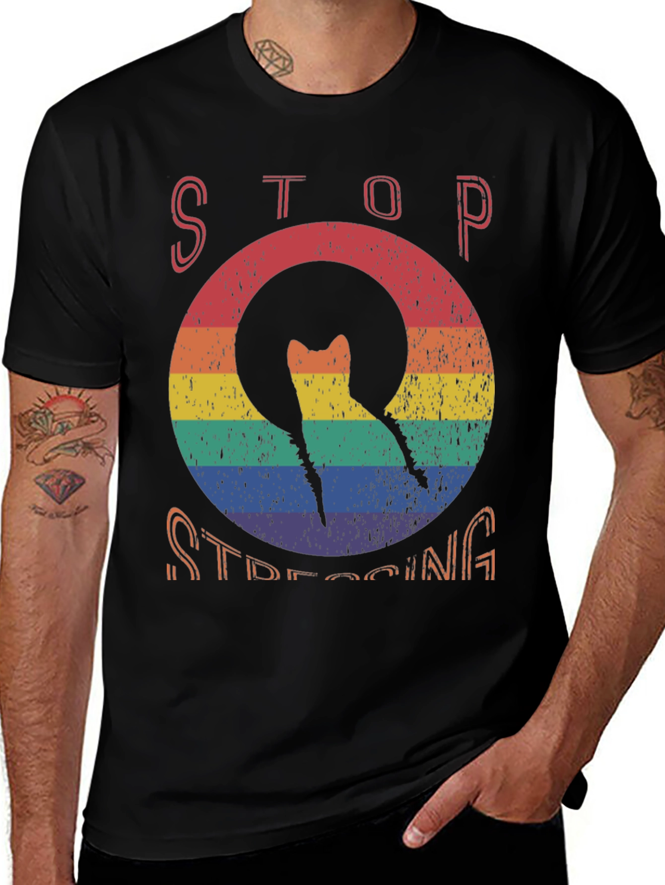 Stop Stressing Cat Tee - Rainbow Design