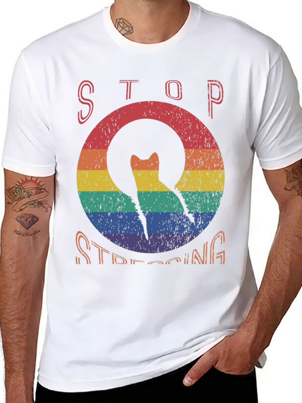 Stop Stressing Cat Tee - Rainbow Design