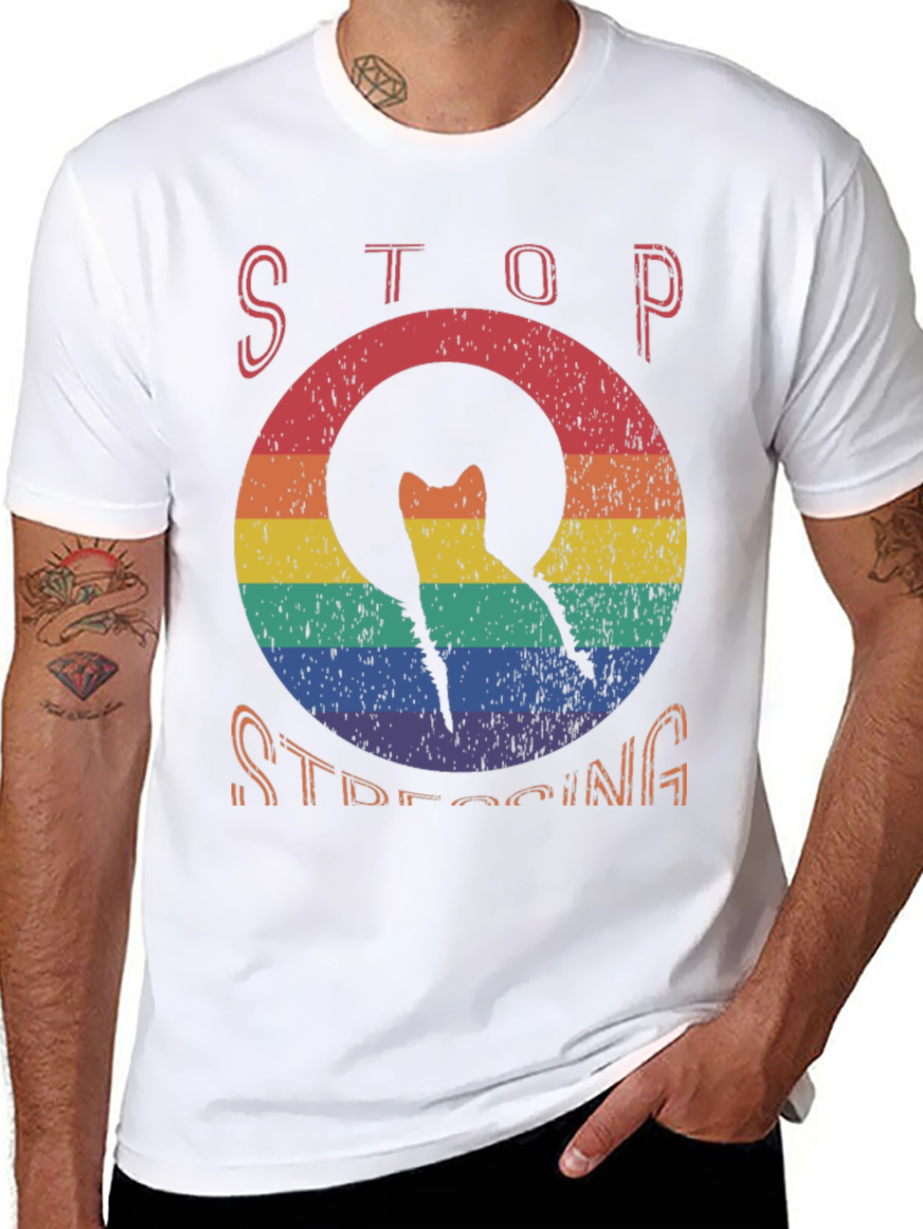 Stop Stressing Cat Tee - Rainbow Design
