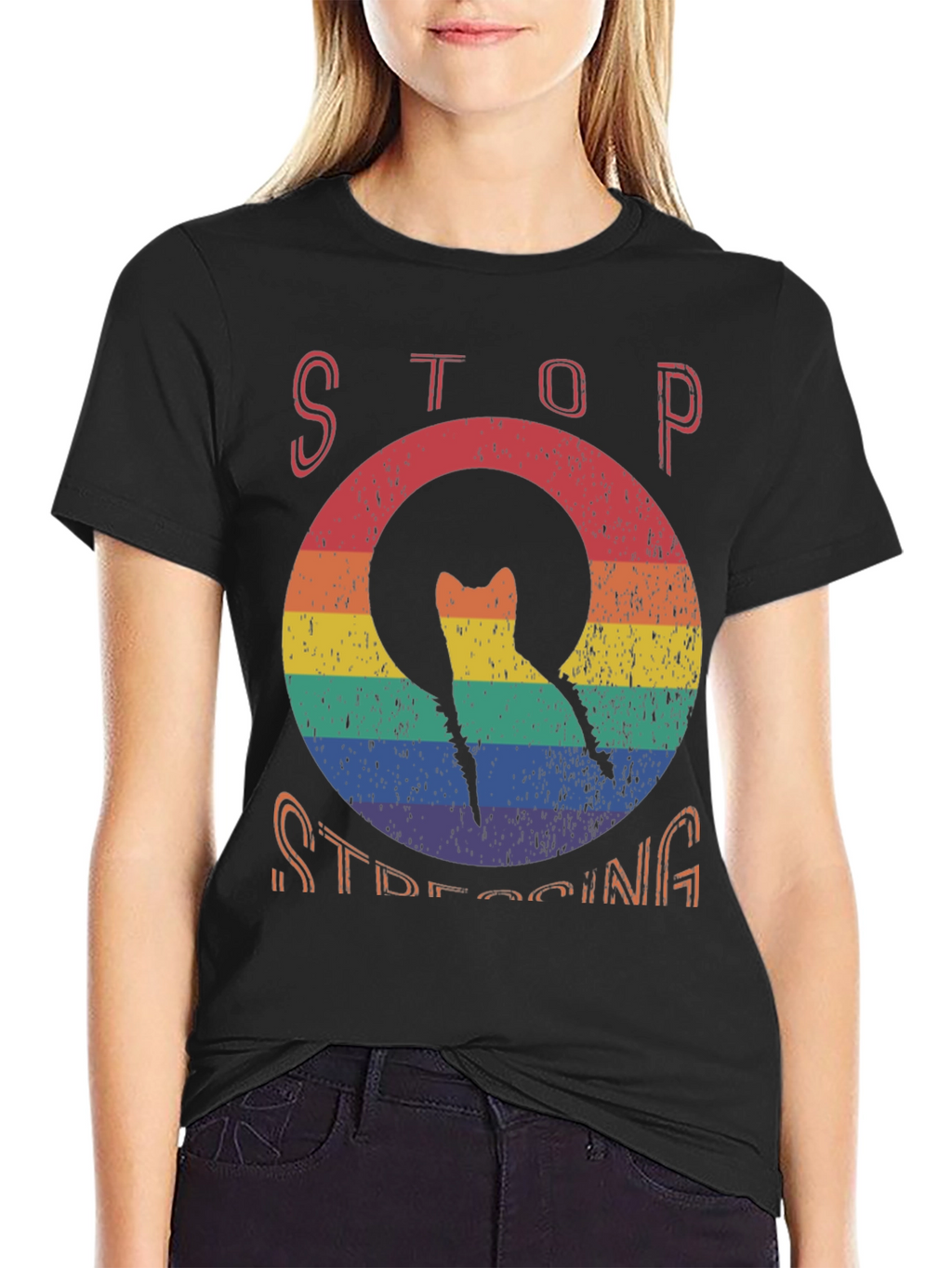 Stop Stressing Cat Tee - Rainbow Design