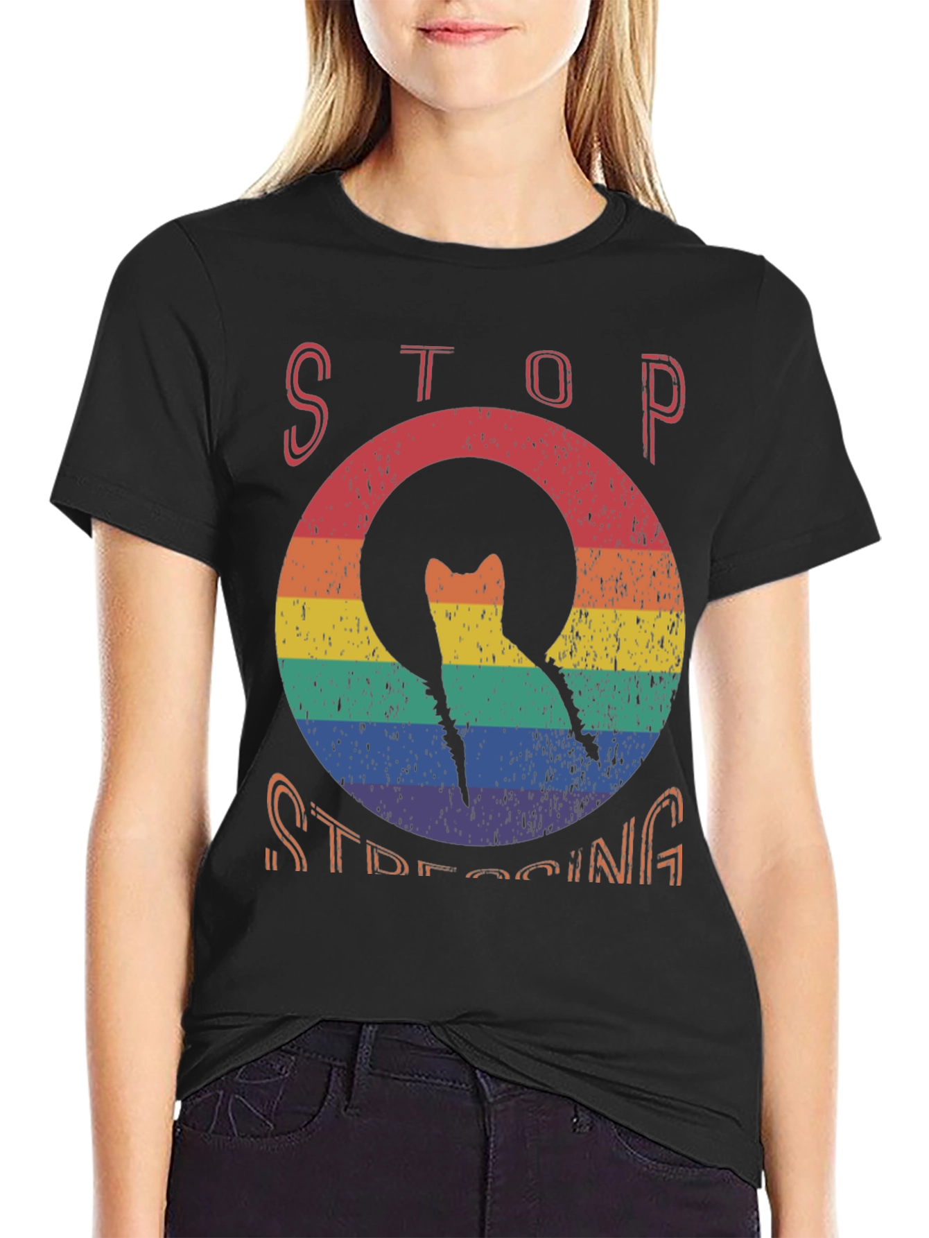 Stop Stressing Cat Tee - Rainbow Design