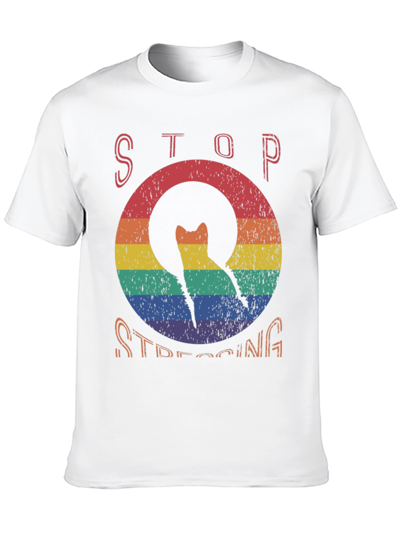 Stop Stressing Cat Tee - Rainbow Design