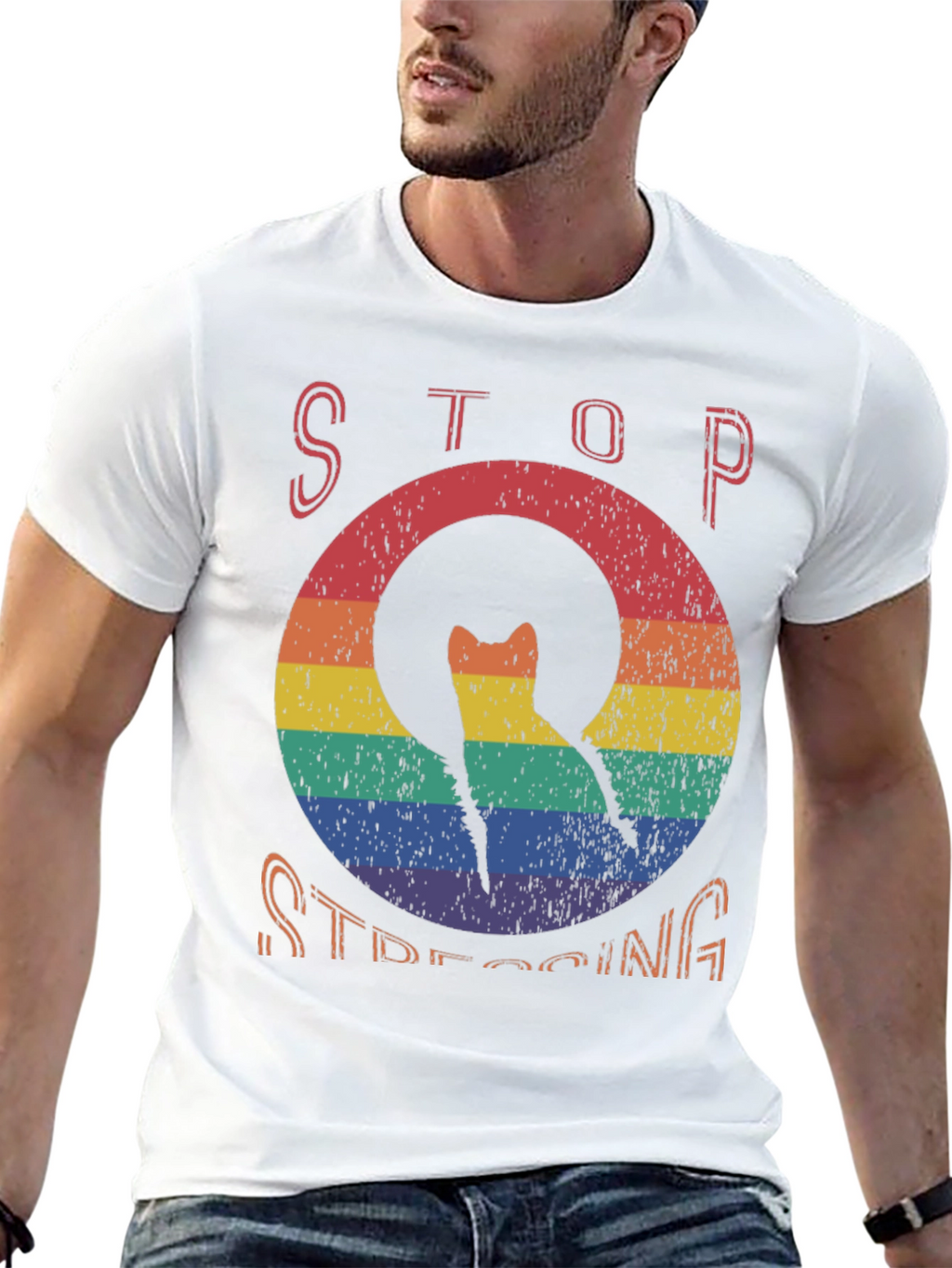Stop Stressing Cat Tee - Rainbow Design