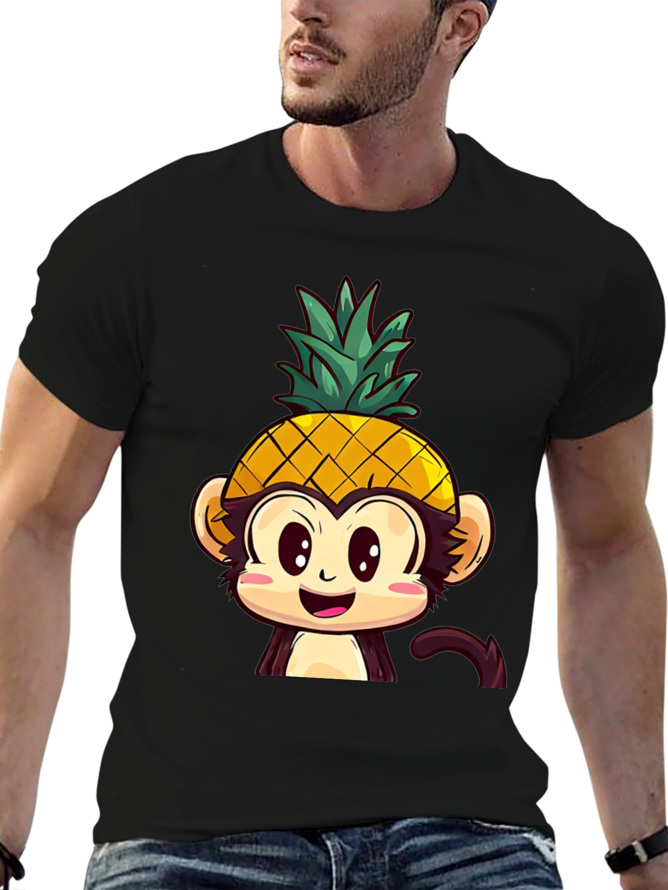 Pineapple Monkey Graphic T-Shirt - Quirky Cartoon Tee