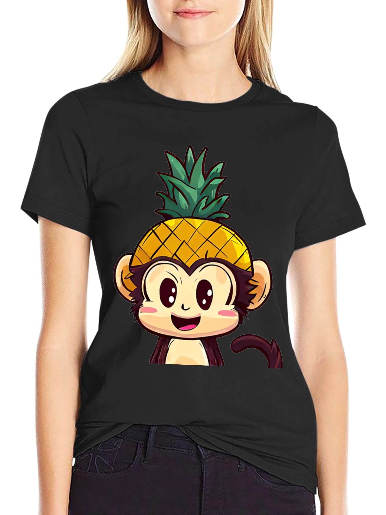 Pineapple Monkey Graphic T-Shirt - Quirky Cartoon Tee