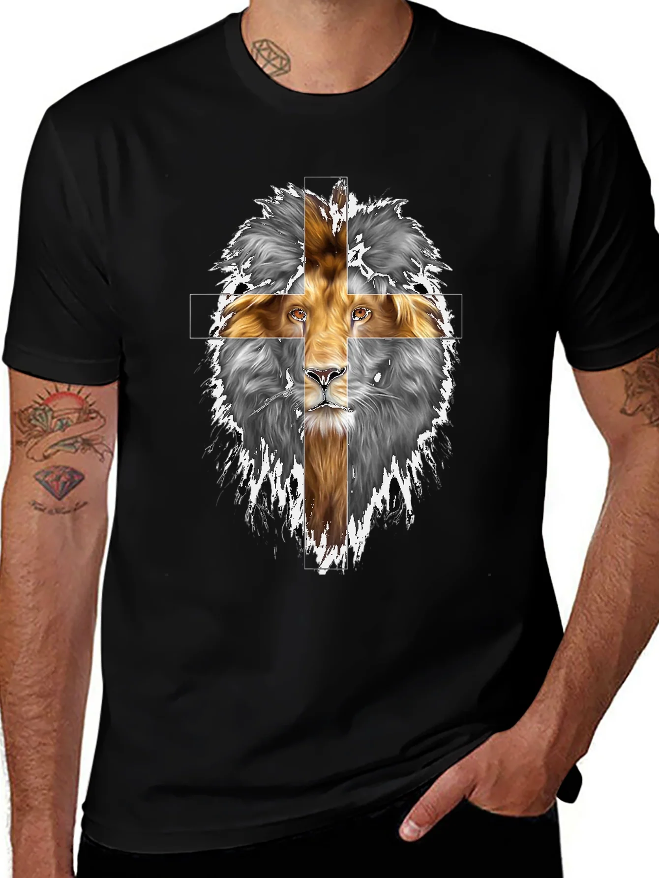 Lion Cross Graphic Print Black T-Shirt