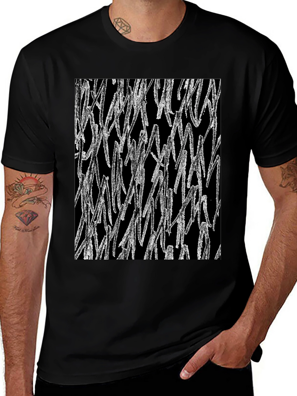 Abstract White Lines Graphic Black T-Shirt
