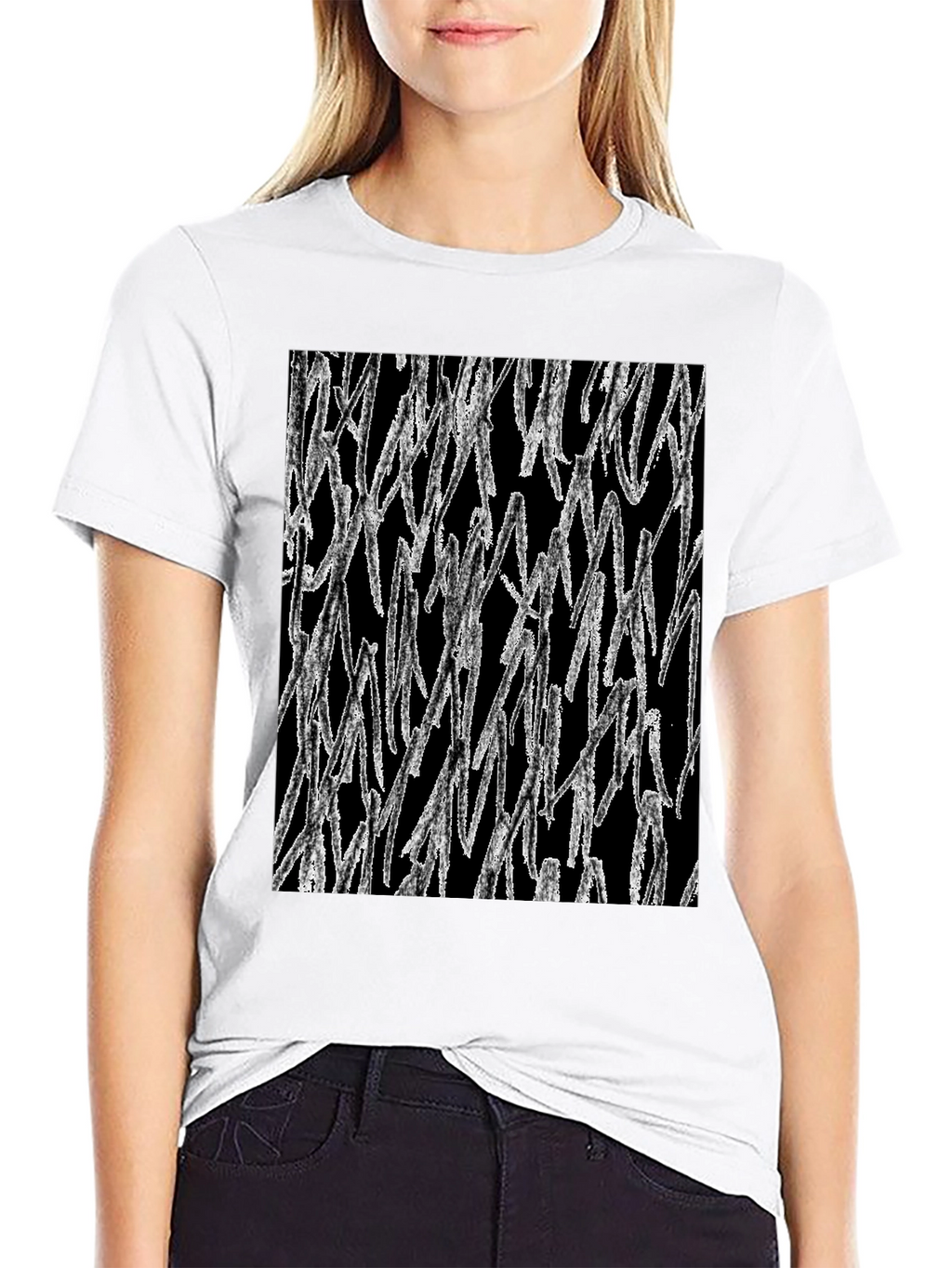 Abstract White Lines Graphic Black T-Shirt