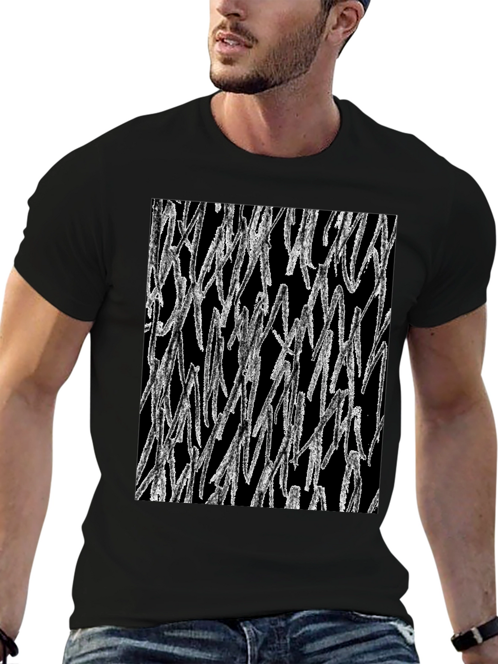 Abstract White Lines Graphic Black T-Shirt
