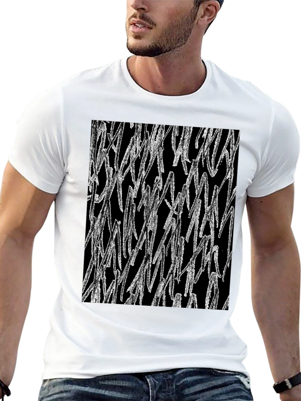 Abstract White Lines Graphic Black T-Shirt