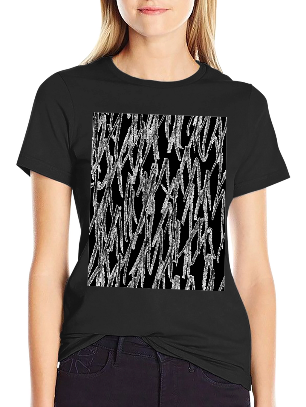 Abstract White Lines Graphic Black T-Shirt