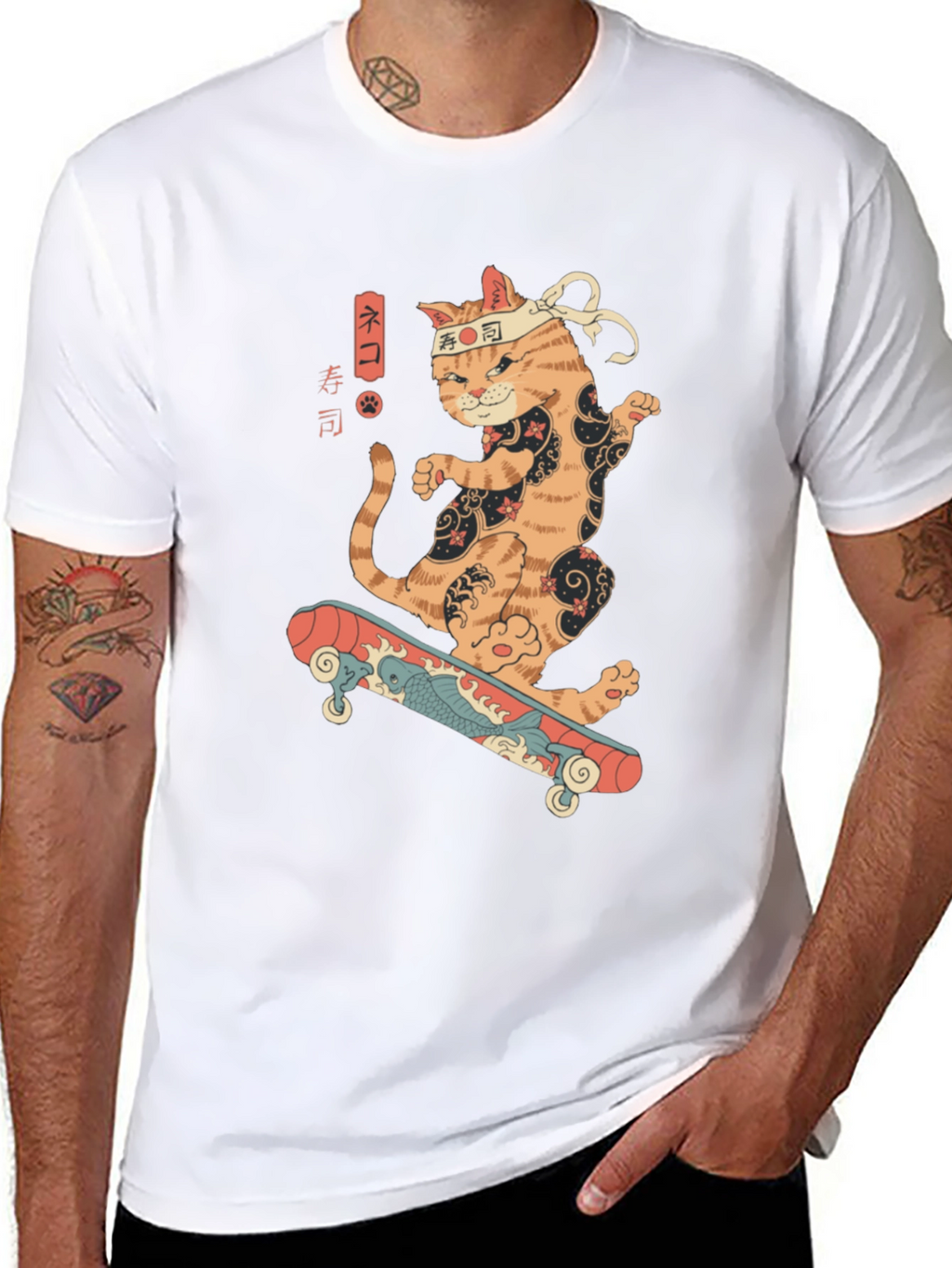 Skateboarding Sushi Cat T-Shirt - Cool Graphic Tee