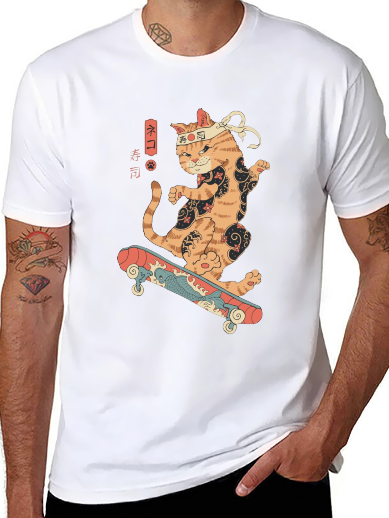 Skateboarding Sushi Cat T-Shirt - Cool Graphic Tee
