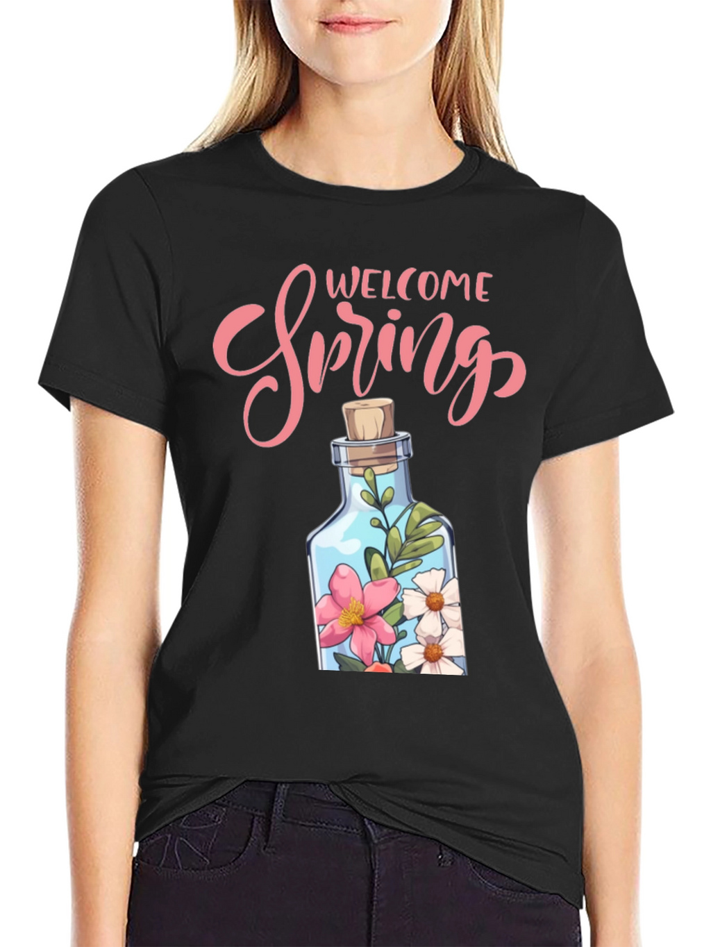 Welcome Spring Graphic Tee - Floral Bottle Design