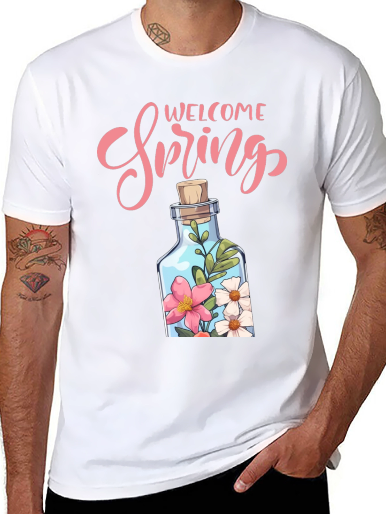 Welcome Spring Graphic Tee - Floral Bottle Design