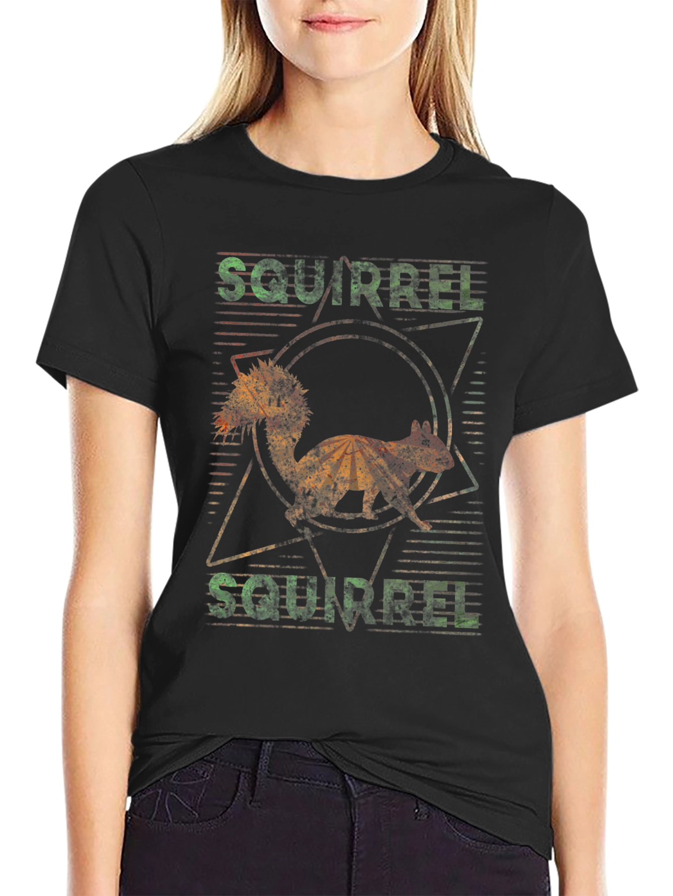 Vintage Squirrel Graphic Print Black T-Shirt