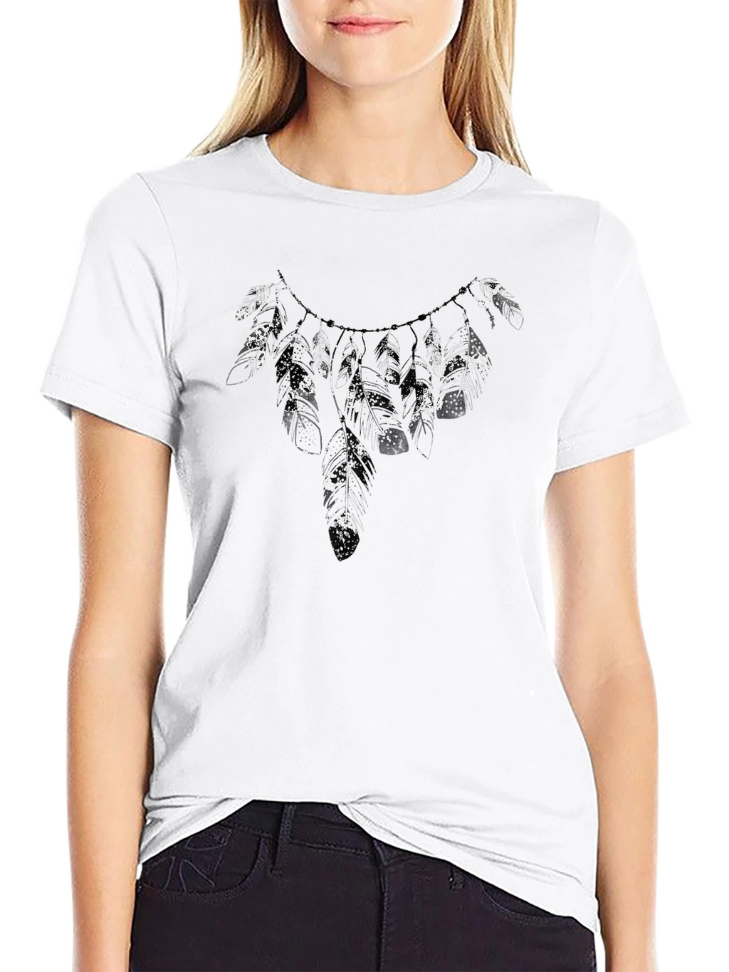 Feather Necklace Print Black T-Shirt