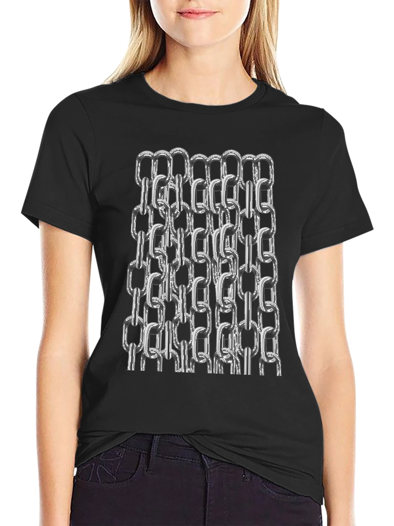 Chain Link Graphic Tee - Black Cotton Casual T-Shirt