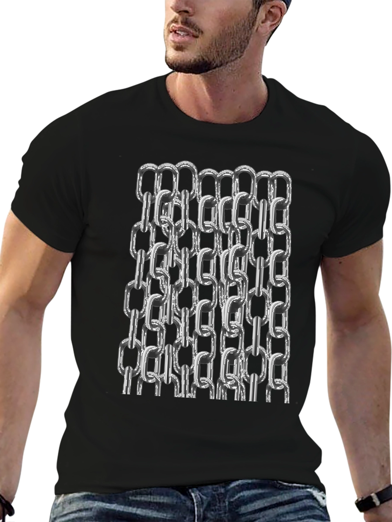 Chain Link Graphic Tee - Black Cotton Casual T-Shirt