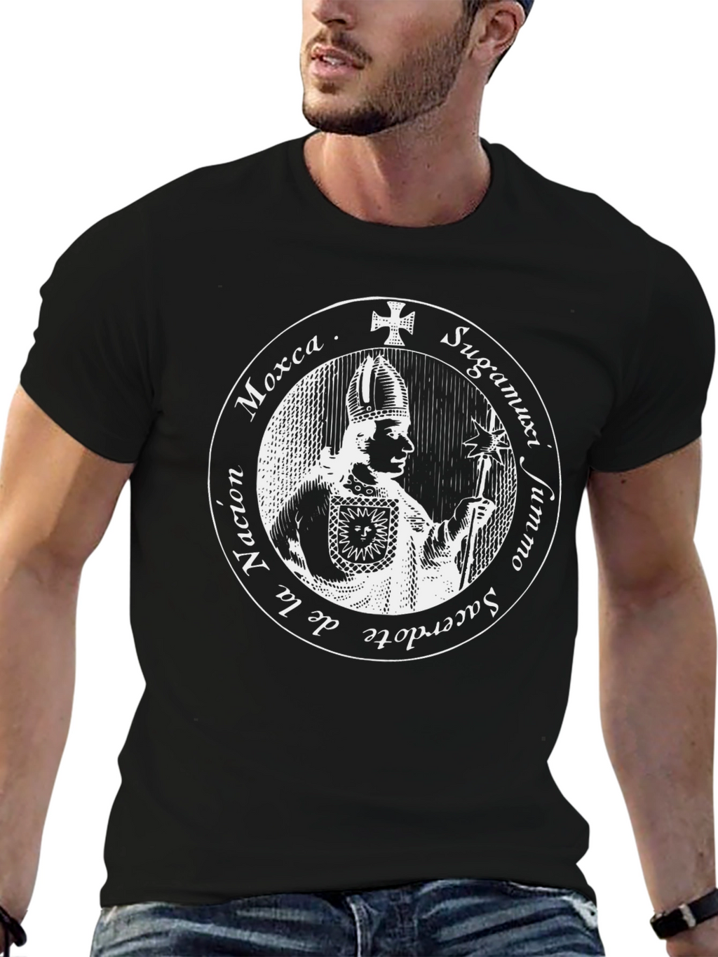 Black T-Shirt with Priest Graphic Design