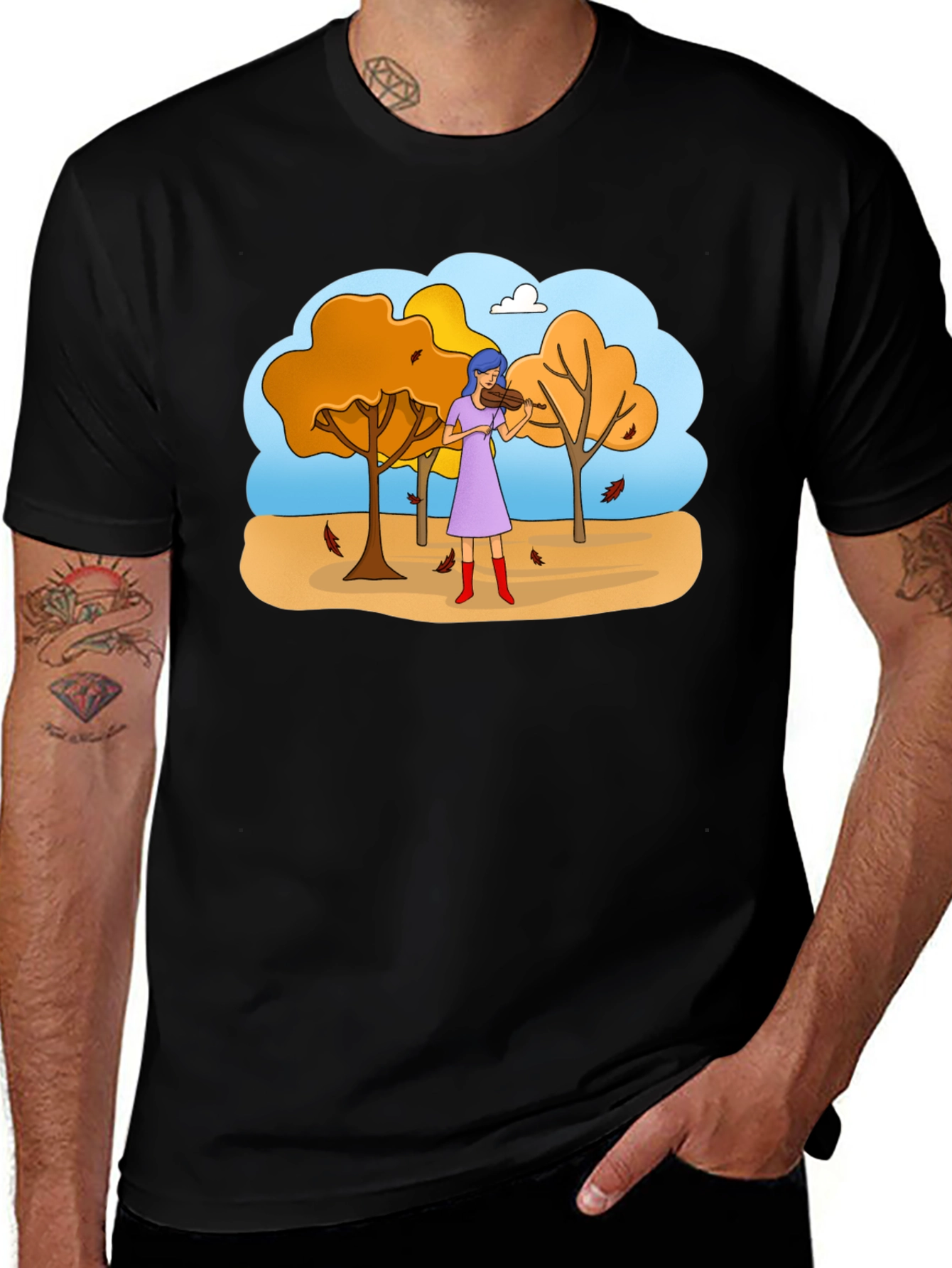 Autumn Violinist Graphic Tee - Unisex Black T-Shirt