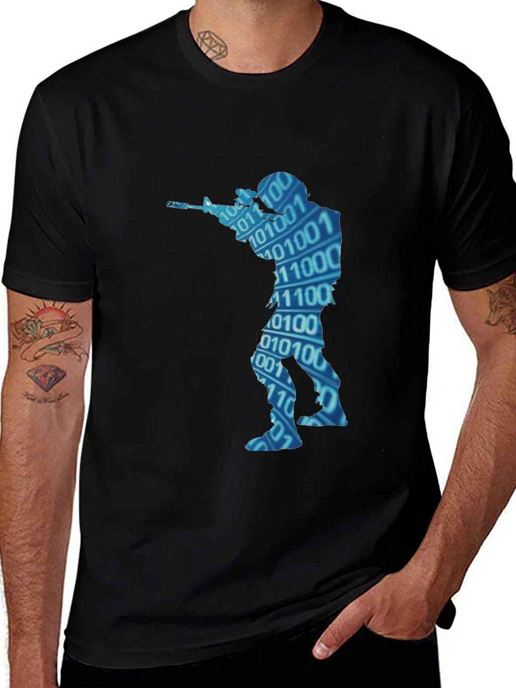 Binary Code Soldier Graphic Black T-Shirt