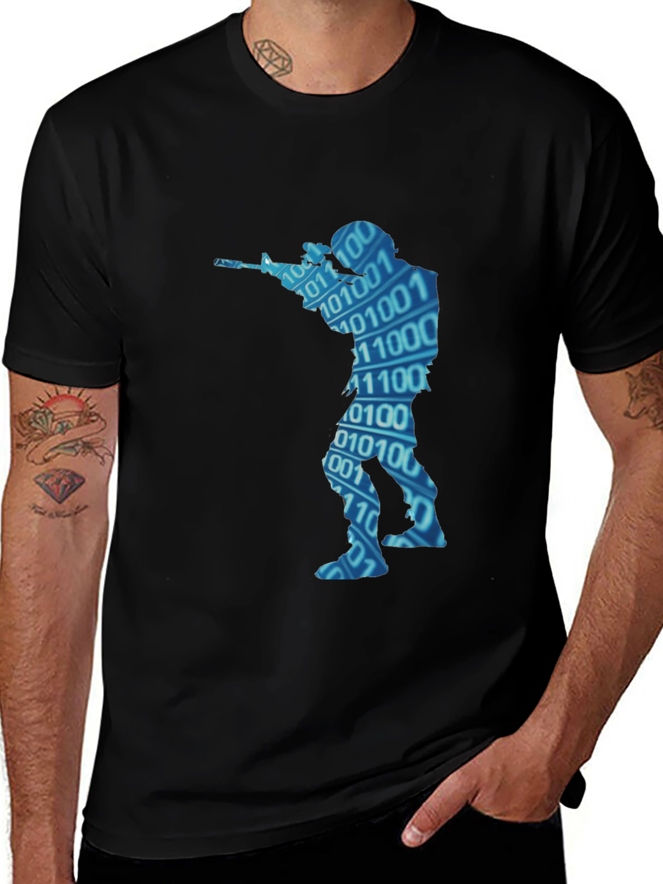 Binary Code Soldier Graphic Black T-Shirt