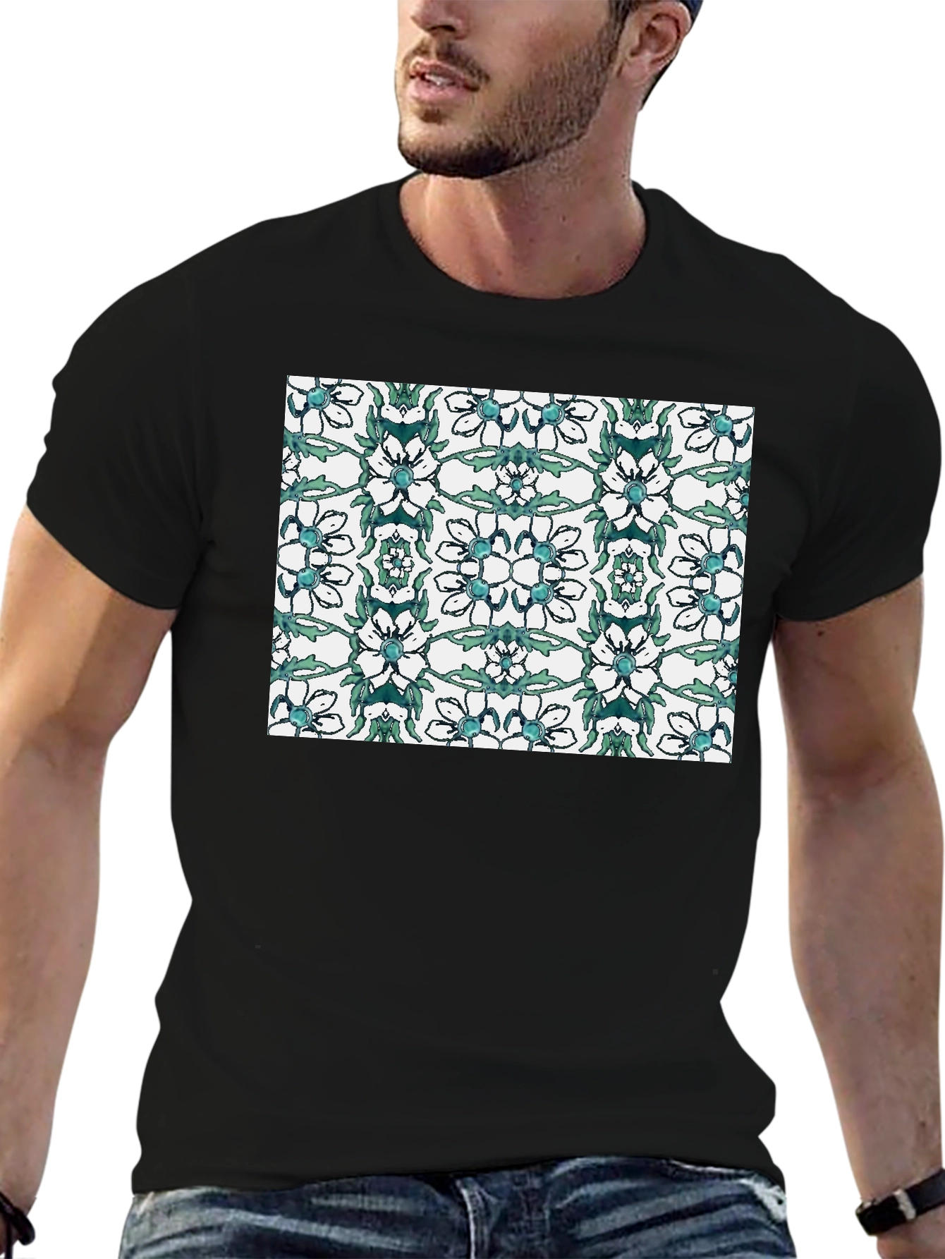 Floral Pattern Black T-Shirt