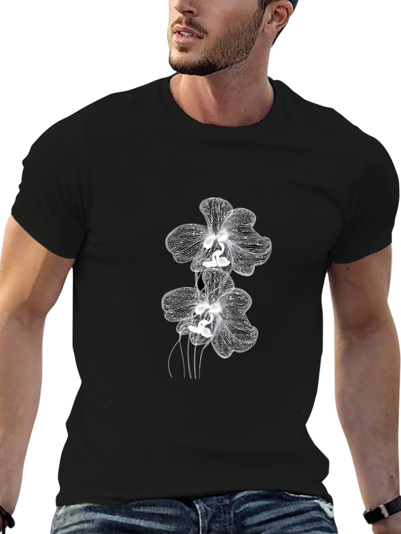 Elegant Orchid Graphic Tee - Black Cotton Blend