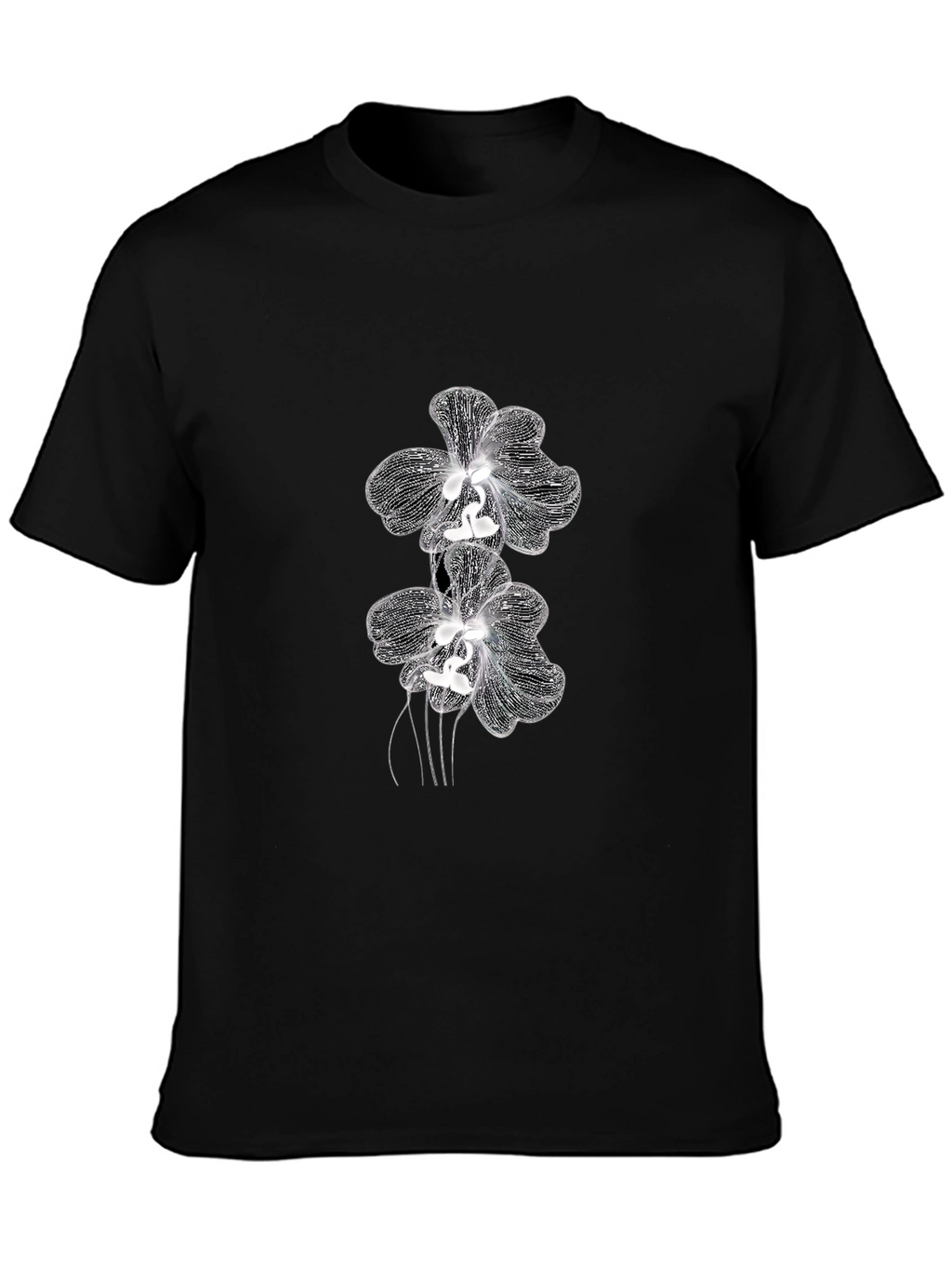 Elegant Orchid Graphic Tee - Black Cotton Blend