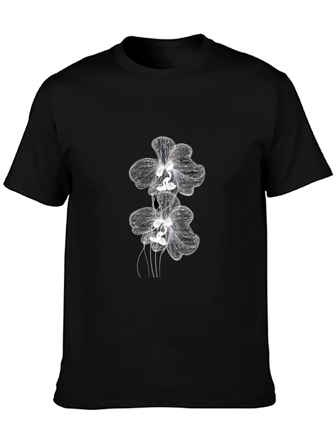 Elegant Orchid Graphic Tee - Black Cotton Blend