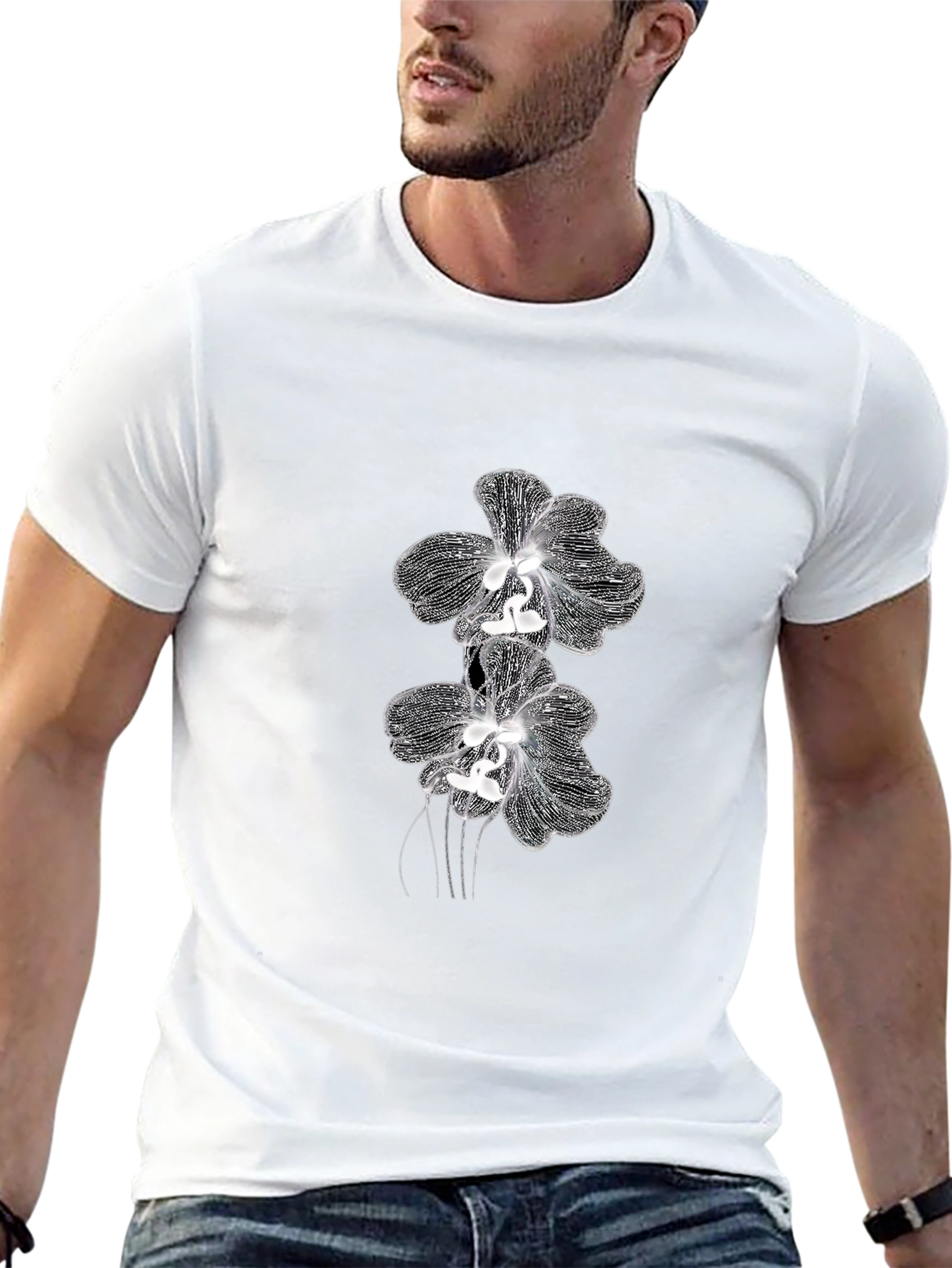 Elegant Orchid Graphic Tee - Black Cotton Blend