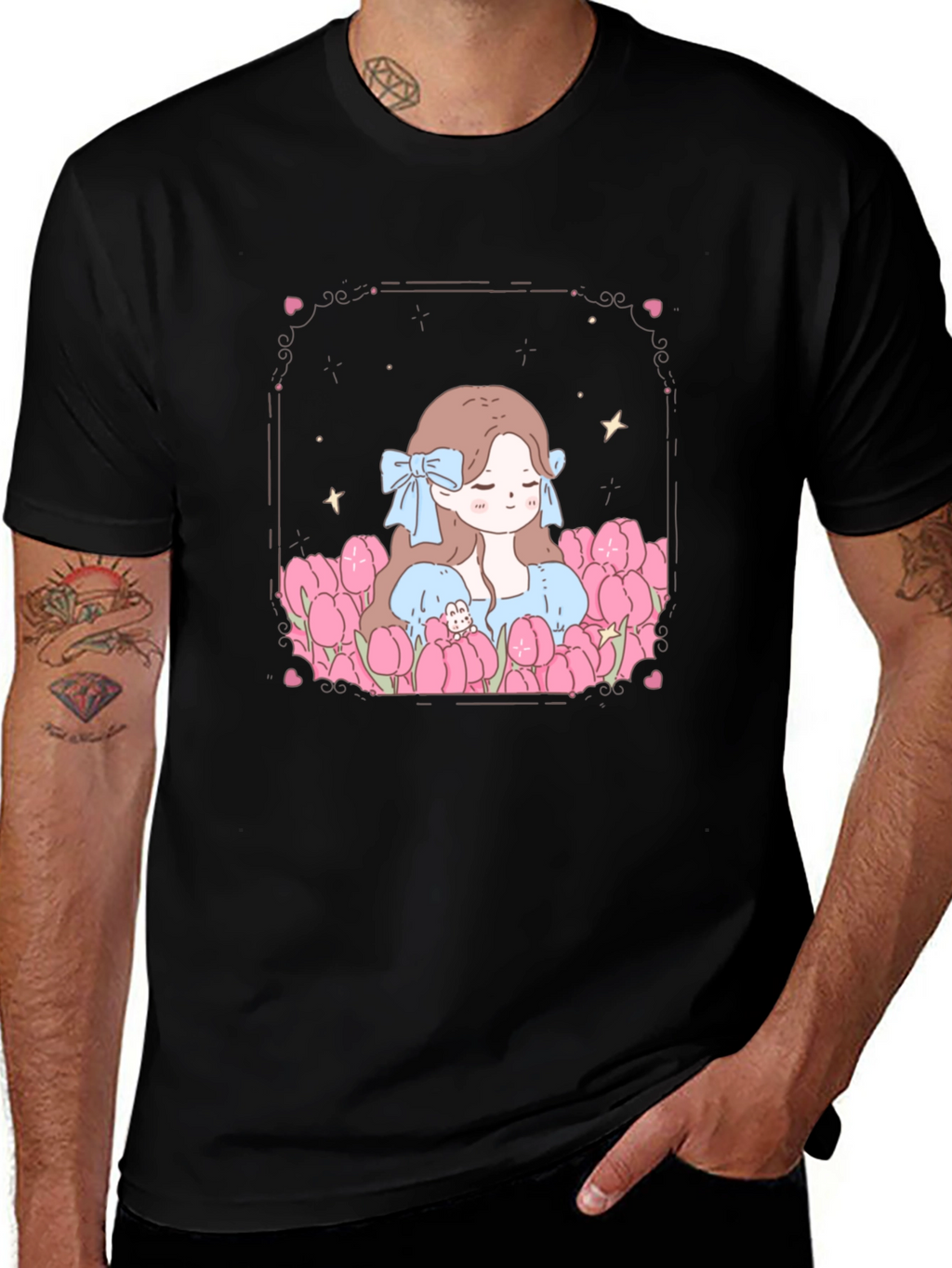 Girl in Tulips Black Graphic Tee