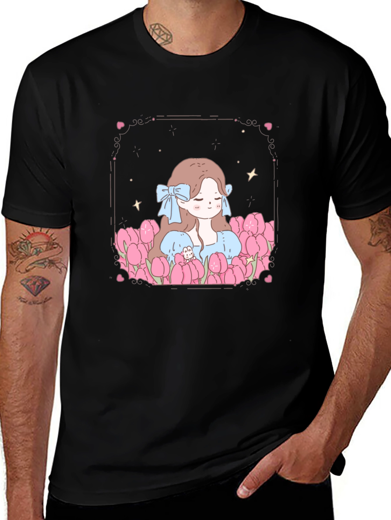 Girl in Tulips Black Graphic Tee