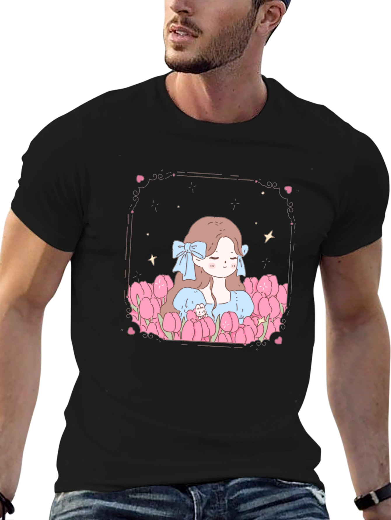 Girl in Tulips Black Graphic Tee