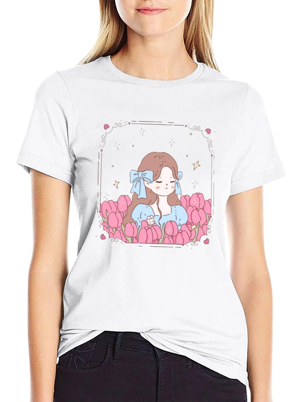 Girl in Tulips Black Graphic Tee