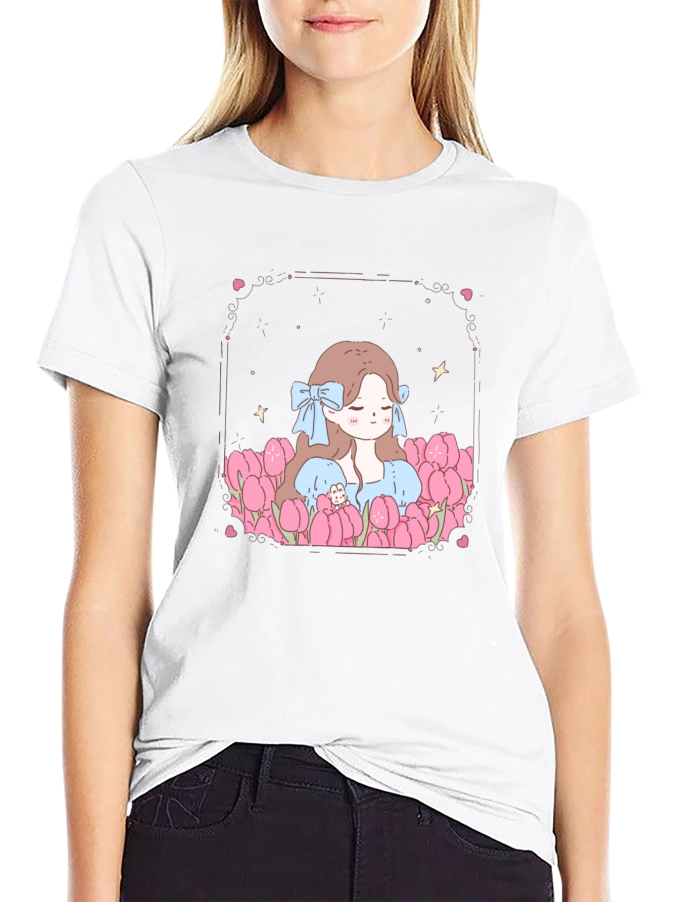 Girl in Tulips Black Graphic Tee