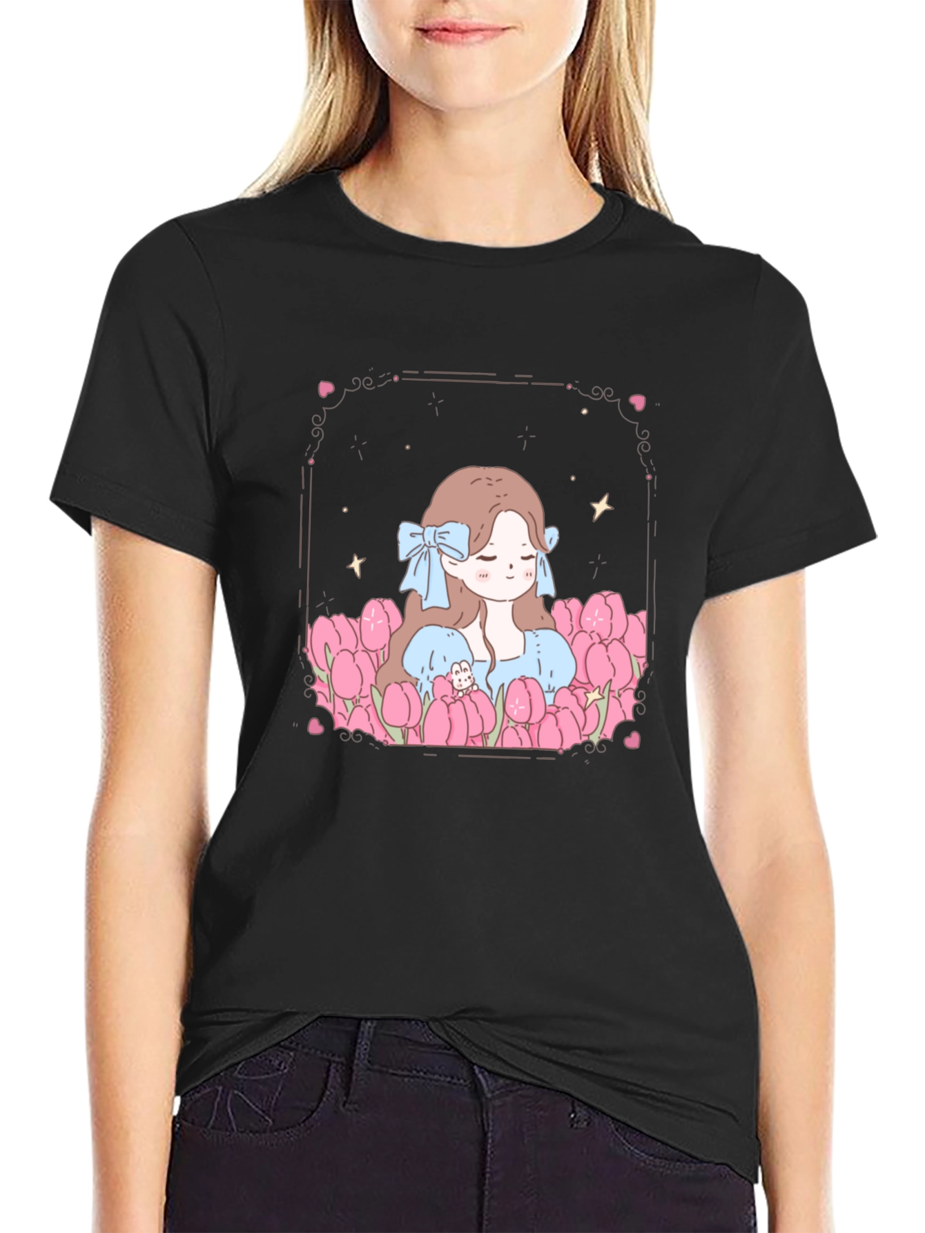 Girl in Tulips Black Graphic Tee
