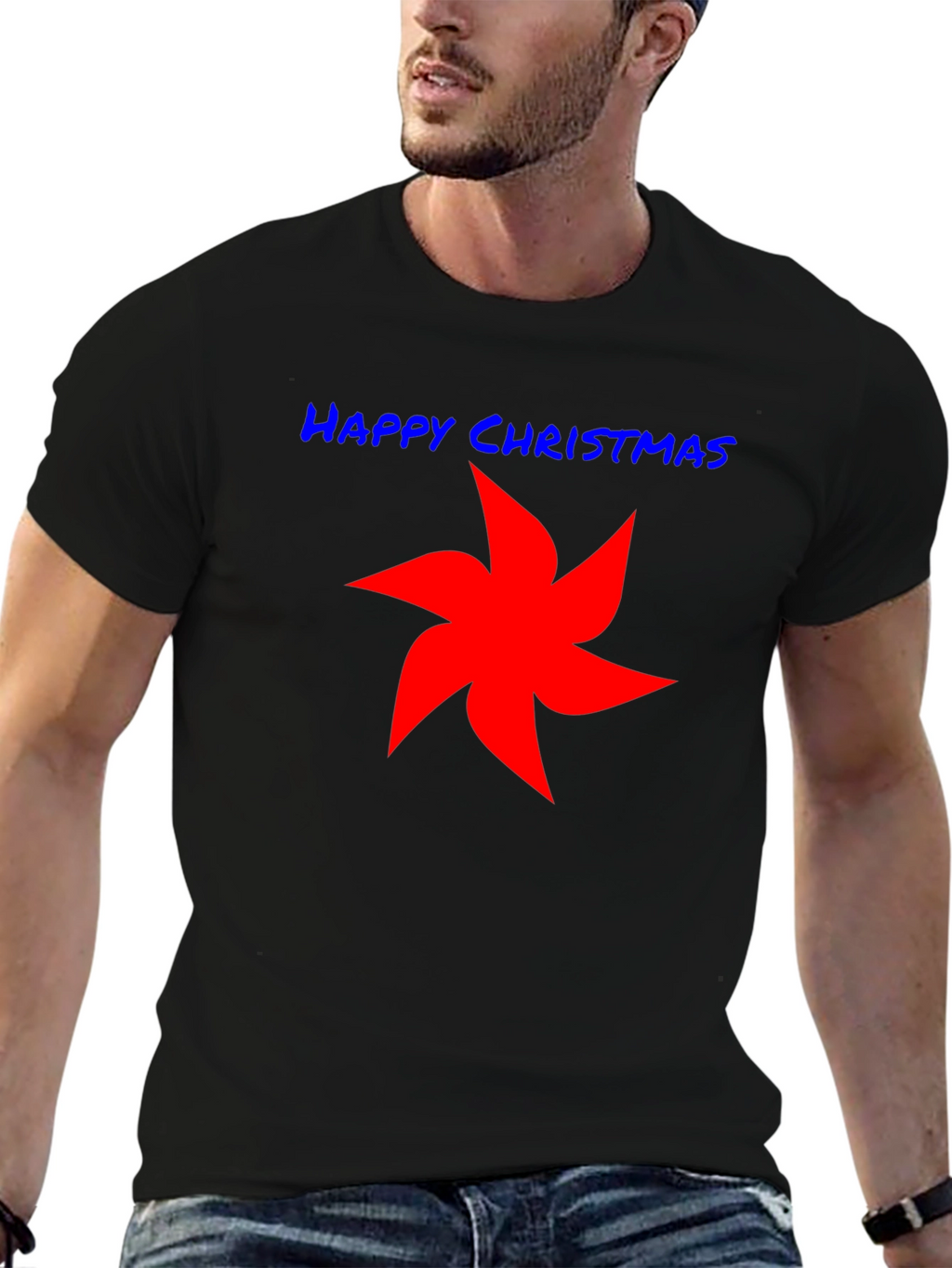 Happy Christmas Star Graphic Tee - Black Cotton Shirt