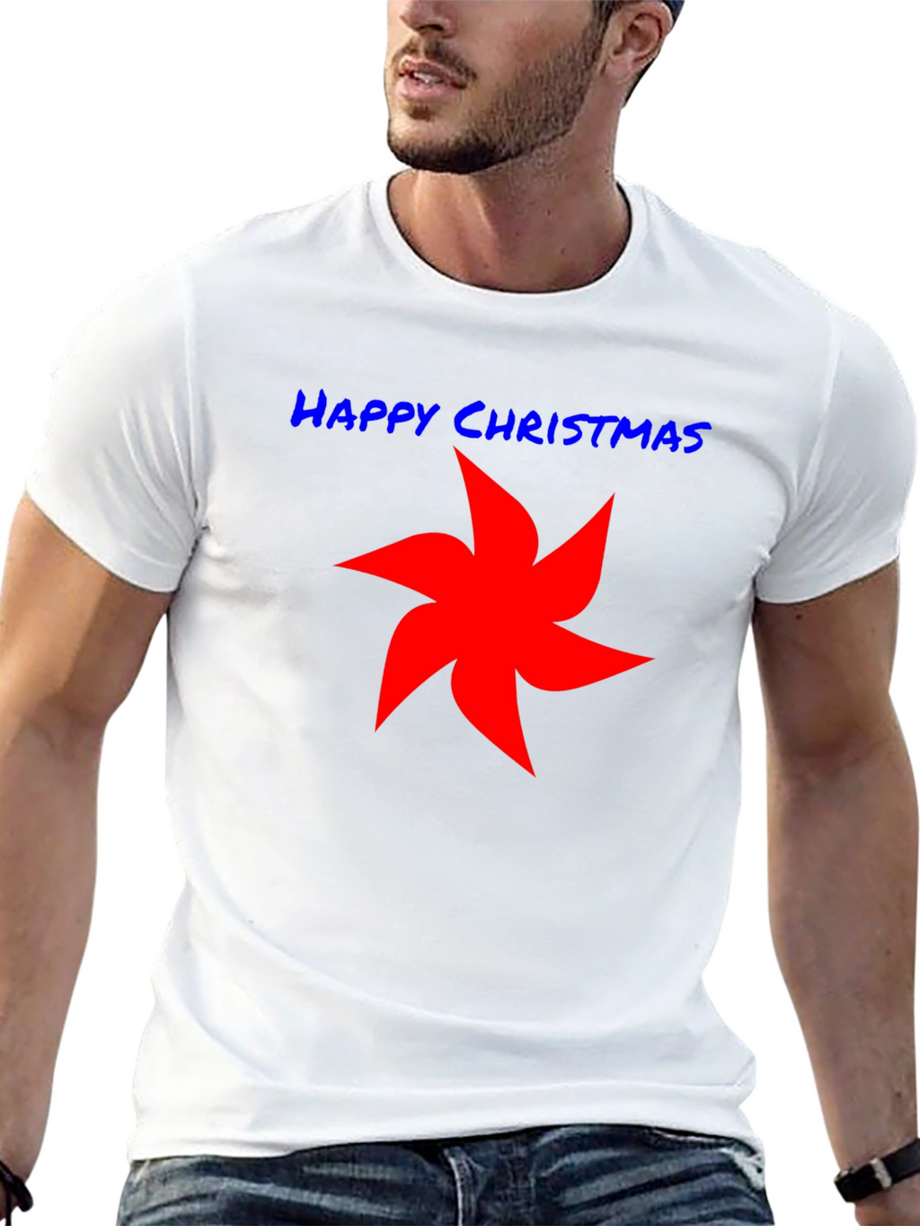 Happy Christmas Star Graphic Tee - Black Cotton Shirt