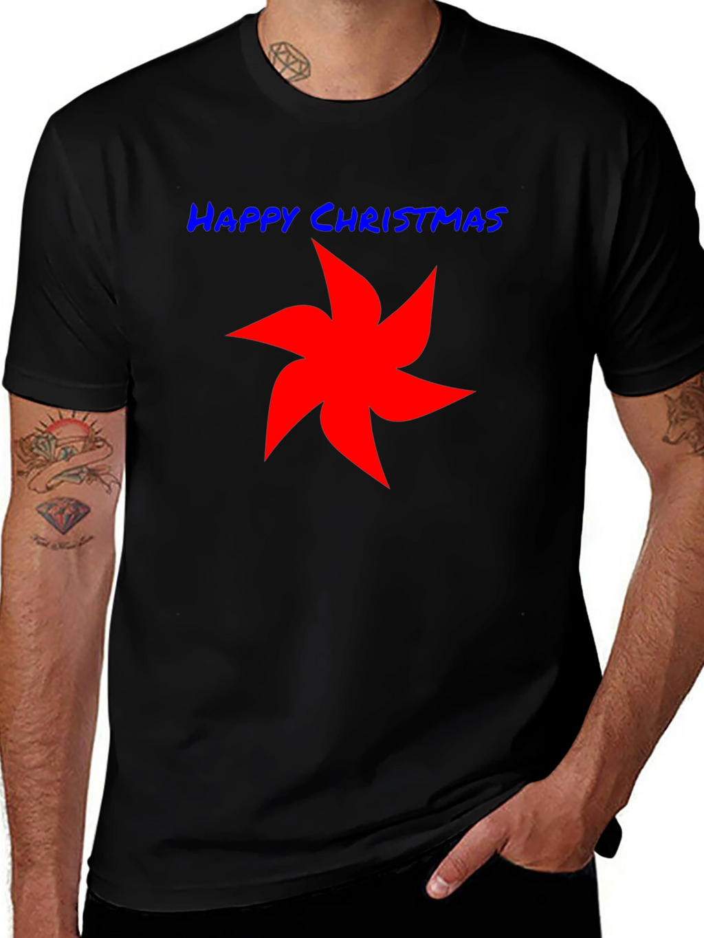 Happy Christmas Star Graphic Tee - Black Cotton Shirt