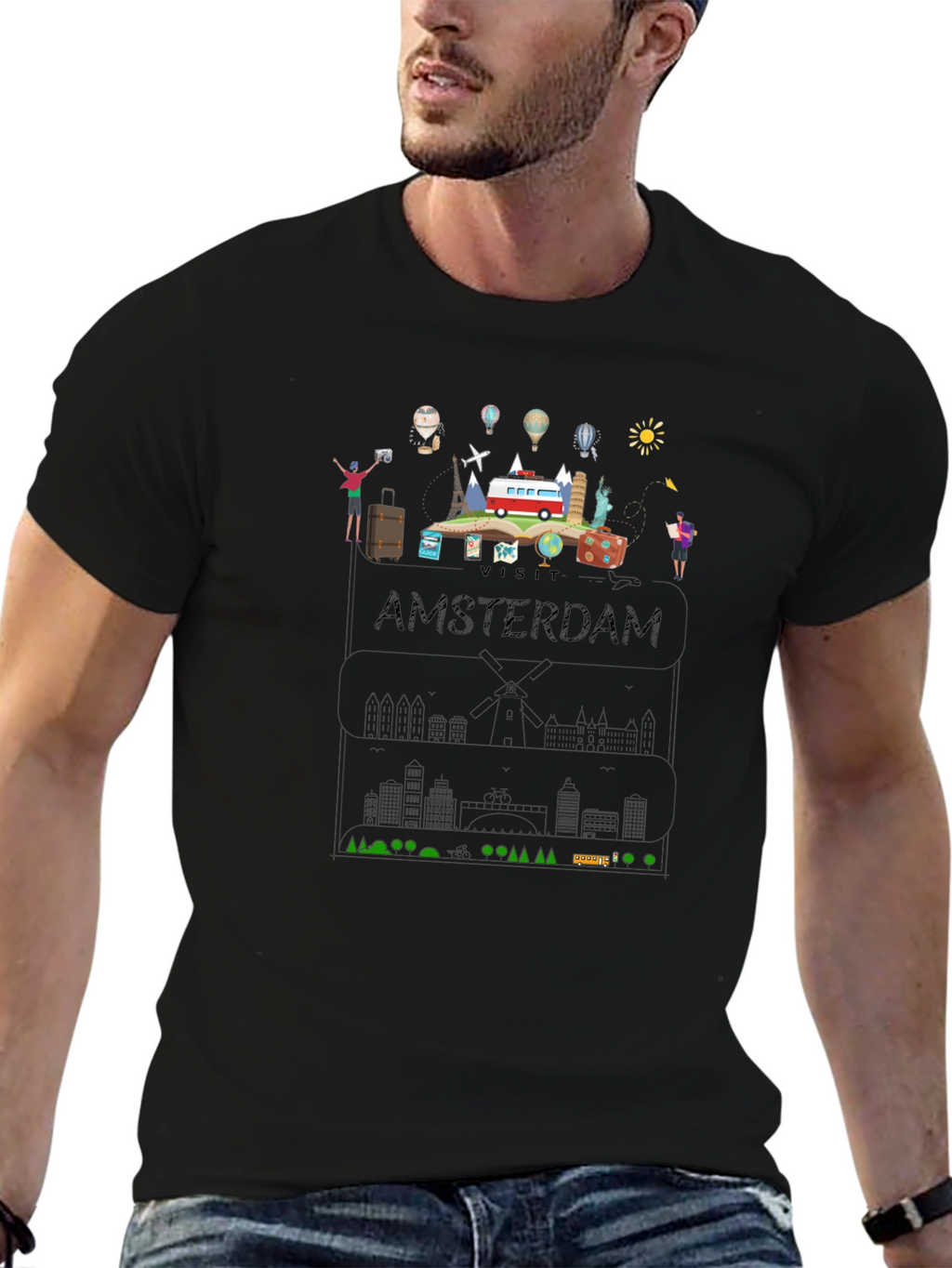 Visit Amsterdam Black Graphic T-Shirt
