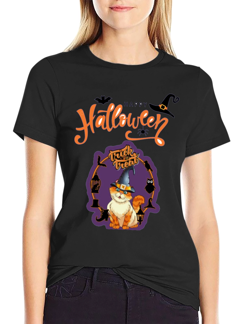 Halloween Cat Graphic Tee - Spooky Season Shirt