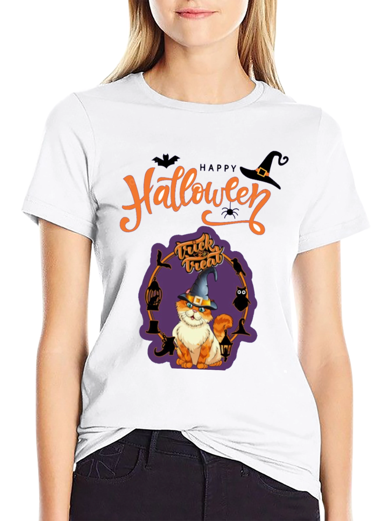 Halloween Cat Graphic Tee - Spooky Season Shirt