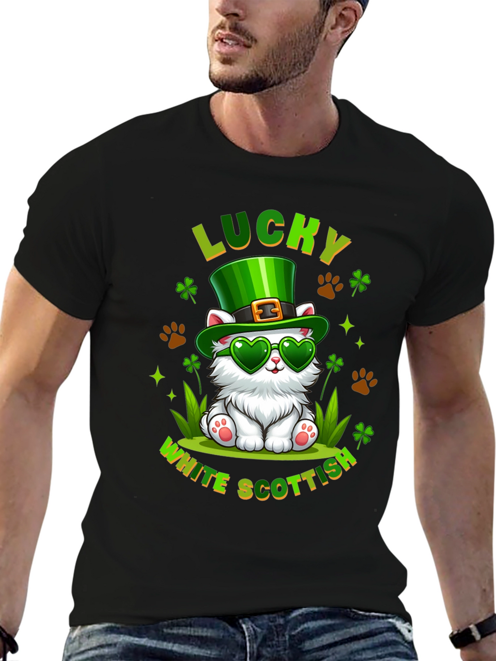 Lucky White Scottish Cat St. Patricks Day T-Shirt